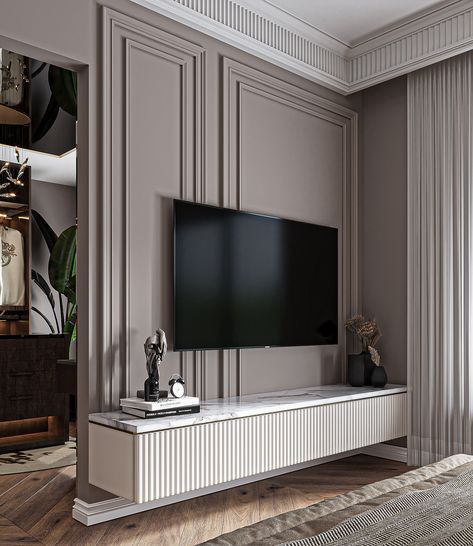 MASTER BEDROOM :: Behance Tv Panel Bedroom, Tv Unit Wall Panelling Design, American Classic Bedroom, French Modern Bedroom, Classic Tv Wall Design, Classic Tv Wall, Tv Console Unit, Lcd Design, Bedroom Tv Unit Design