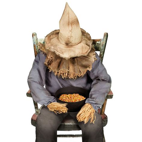 Scary Animatronic Sitting Scarecrow - Hands Out Candy and Terror! Sitting Scarecrow, Scarecrow Decorations, Scarecrow Halloween, Halloween Candy Bowl, Haunted House Props, Halloween Scarecrow, Scary Decorations, Halloween Express, Scary Faces