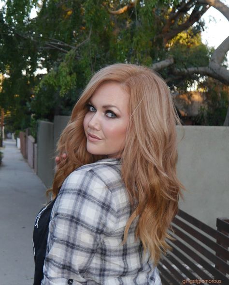 Summer-into-Fall | My Favorite Outfit - GirlGetGlamorous #hairstyles #redhair #strawberryblonde #fallootd #ginger #flannel #loosewaves #haircolo #inspo #extensions Ash Strawberry Blonde Hair, Extensions Aesthetic, Strawberry Blonde Hair With Highlights, Rose Brunette, Aesthetic Balayage, Blonde Ideas, Reddish Hair, Light Strawberry Blonde, Balayage Brown