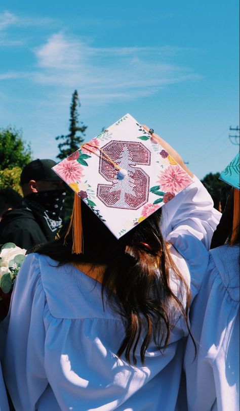 Graduation Cap Designs Floral, Stanford Acceptance, Highschool Graduation Cap, Bedazzled Graduation Cap, Stanford Graduation, Floral Grad Cap, Grad Hat Ideas, Floral Graduation Cap, Grad Cap Design