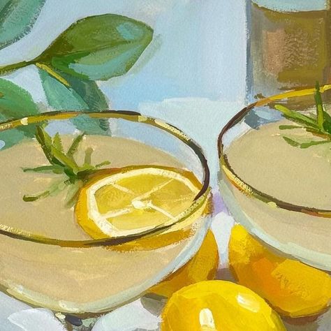 Vicki McGrath on Instagram: "UPDATE: SOLD “Happy Hour 4” - 10” x 10” gouache painting on 140lb cold press watercolor paper, with a 1” white border. Chicago has been extremely DREARY, so I’m channeling summer and sunshine through my paintings 🍋☀️ I think this one is my personal favorite so far in the cocktail series 😊 **AVAILABLE in my Daily Paintworks gallery! Link in bio. Get it before it gets swiped up! . . . #gouache #gouachepainting #artforsalebyartist #artcollector #artlover #lemons #colorfulart #dailypaintworks #artforyourhome #cottagestyle" Lemon Artwork Paintings, Quick Things To Paint, Summer Gouache Painting, Paintings Of Cocktails, Cocktail Painting Acrylic, Summer Aesthetic Painting, Watercolor Painting Aesthetic, Painting Cocktail, Lemons Watercolor