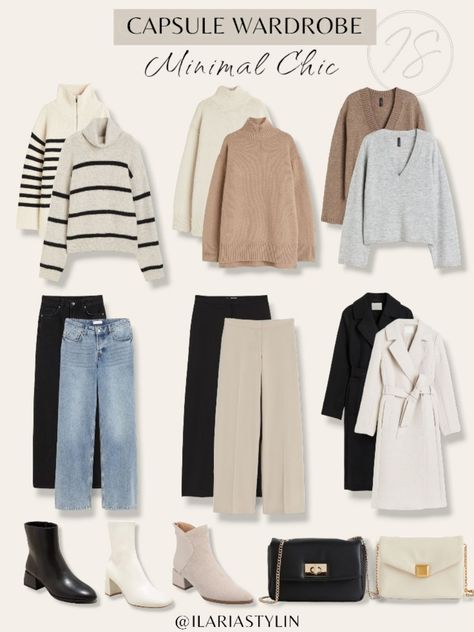 capsule wardrobe, wardrobe essentials, fall capsule wardrobe, autumn capsule wardrobe, fashion inspo, minimal capsule, minimal chic wardrobe, knitwear, striped, half zip, white, rollneck, beige, brown, gray, v-neck, sweater, blue, black, straight, vintage, jeans, wide leg, beige, black, pants, cream, black, long, coat, black boots, white, cream, beige, boots, black bag, cream bag, shoulder bag, crossbody bag, style inspo, women fashion Casual Outfits Capsule, Jeans Winter Outfit, How To Have Style, Capsule Wardrobe Casual, Capsule Wardrobe Women, Fashion Capsule Wardrobe, Winter Capsule Wardrobe, Winter Chic, Capsule Outfits