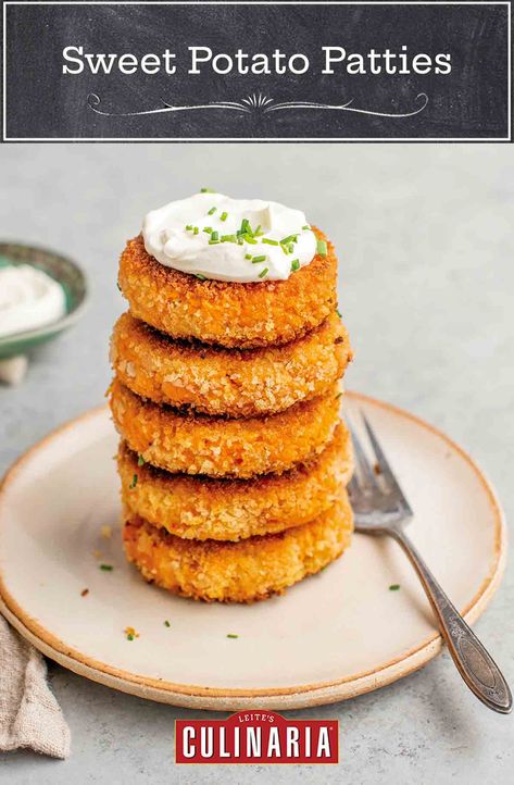 These sweet potato patties are tender and creamy in the center with a crispy herb and panko crust. Served with a dollop of crème fraîche or sour cream, they're a satisfying side dish or vegetarian main course. #sweetpotato #sidedish #vegetarianmeals @kitchconfidante Thanksgiving Leftovers Recipes, Hot Turkey Sandwiches, Veg Salads, Diet Lunch Ideas, Sweet Potato Patties, Gluten Free Panko, Potatoes And Rice, Mexican Casserole Recipe, Flavored Coffee Creamer