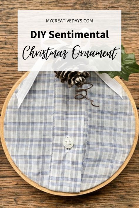 Gifts Made From Loved Ones Clothing, Fabric Keepsake Ideas, Old Shirt Ornaments, Ornament Out Of Old Shirt, Ornament From Shirt, Old Shirt Christmas Ornament, T Shirt Ornaments, Loved Ones Shirt Ideas, Christmas Memory Ornaments