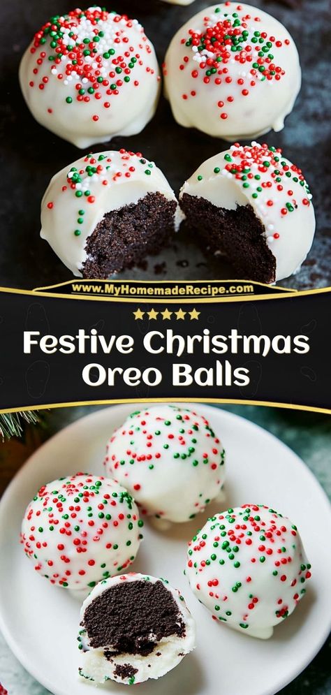 These Oreo balls are creamy, chocolatey, and decorated with festive sprinkles. A no-bake Christmas classic! Ingredients: 1 package Oreos, crushed 1 cup cream cheese 1 cup white chocolate, melted Festive sprinkles for garnish Serve these Oreo balls as a sweet, holiday-themed treat Christmas Desserts Oreo, Christmas Oreo Balls, Oreo Balls Christmas, Christmas Oreo, Cookies Cream Cheese, Oreo Cookie Balls, Easy Holiday Treats, Oreo Balls, Christmas Baking Recipes