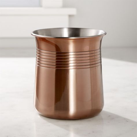 Free Shipping.  Shop Copper Utensil Holder.  Copper-plated utensil holder corrals spoons, spatulas and more in the warm glow of this popular metal. Copper Utensil Holder, Visdev Portfolio, Red Kitchen Accessories, Wooden Laptop Stand, Copper Kitchen Utensils, Copper And Marble, Copper Utensils, Dining Inspiration, Basket And Crate