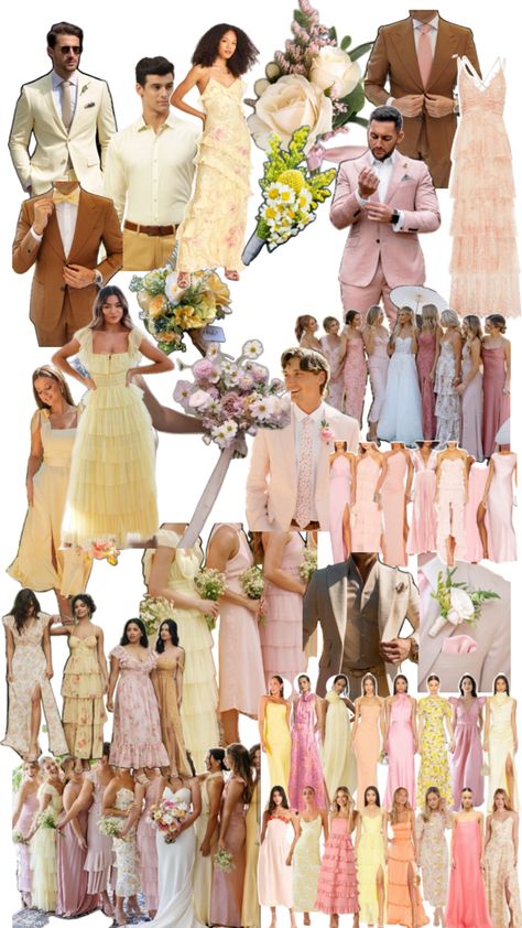 Bridesbros wardrobe ideas Pink And Yellow Bridesmaid Dresses, Pink Yellow Weddings, Wedding Ootd, Yellow Bridesmaid, Pastel Bridesmaid Dresses, Reception Outfit, Dress Code Wedding, Yellow Bridesmaid Dresses, Wedding Palette