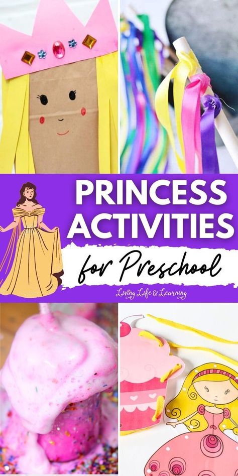 Get ready for some magical princess-inspired fun with these delightful   Princess Activities for Preschool! From dress-up to crafts, these   creative homeschool ideas are perfect for inspiring creativity and   imagination in young children. So why not embark on a fairy tale   adventure with your little ones today? Preschool Princess Crafts, Princess Speech Therapy Activities, Princess Party Activities Games, Princess Sensory Play, Princess Diy Crafts, Fairytale Kindergarten Activities, Knights And Princesses Preschool Theme, Fairytale Week Preschool, Disney Lesson Plans Preschool