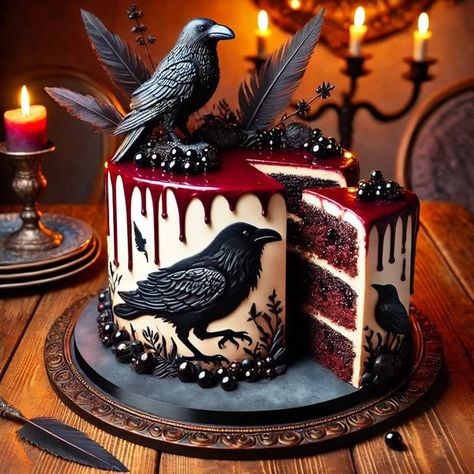 Pagan Wedding Cake, Crow Cake, Scary Halloween Cakes, Gothic Wedding Theme, Starry Night Wedding, Pagan Wedding, Fantasy Cake, Goth Wedding, Gothic Wedding