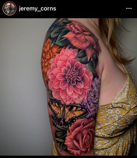 Colorful Full Back Tattoos For Women, Female Sleeve Tattoo Color, Colorful Flower Tattoo Sleeve, Colorful Flower Shoulder Tattoo, Realism Floral Tattoo Sleeve, Colored Floral Sleeve Tattoo, Floral Shoulder Cap Tattoo Color, Half Sleeve Tattoos For Women Upper Arm Color, Floral Half Sleeve Tattoo Upper Arm Color