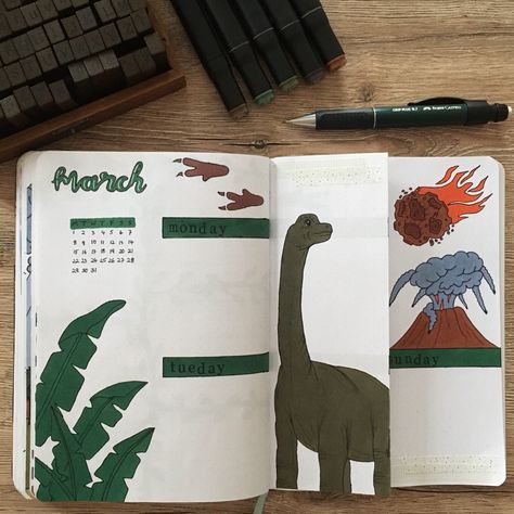 Dinosaur Bullet Journal, Dinosaur Journal, Journal Weekly Spread, Bullet Journal Weekly, Bullet Journal Weekly Spread, Weekly Spread, Journal Pages, Journal Ideas, Art Inspo