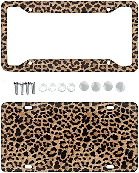 Amazon.com: Jiueut Brown Leopard Animal Print Aluminum Metal License Plate Cover and Car License Plate,Wild Cheetah Car Exterior Accessory,2pcs,Durable : Automotive Car Decoration Aesthetic, Cheetah Print Car Accessories, Leopard Print Car Accessories, Aesthetic Car Accessories, Custom Car Plates, Nissan Accessories, License Plate Designs, Girly Car Accessories, Car Plates