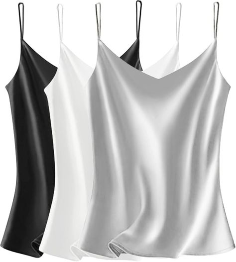 VIDUSSA Satin Tops Womens Cami Top V Neck Camisole Spaghetti Strap Tank Top Loose Sleeveless Blouses 3 Pack: Black+Grey+Dark Green S at Amazon Women’s Clothing store Silk Tops For Women, Sleeveless Blouses, Satin Cami Top, Satin Camisole, Strap Tank Top, Loose Tank Tops, Womens Camisoles, Satin Cami, Spaghetti Strap Tank Top