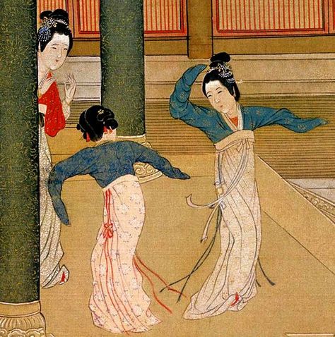 The early form of Chinese "Square Dance" by palace maidens - part of ink painting by a Song or Ming dynasty artist on women's daily life in a Chinese royal palace. Song Dynasty Art, Ancient Chinese Painting, Song Dynasty Painting, Chinese Painting Traditional, Ming Dynasty Art, Traditional Chinese Hanfu, Chinese Folk Art, Chinese Illustration, Chinese Dance