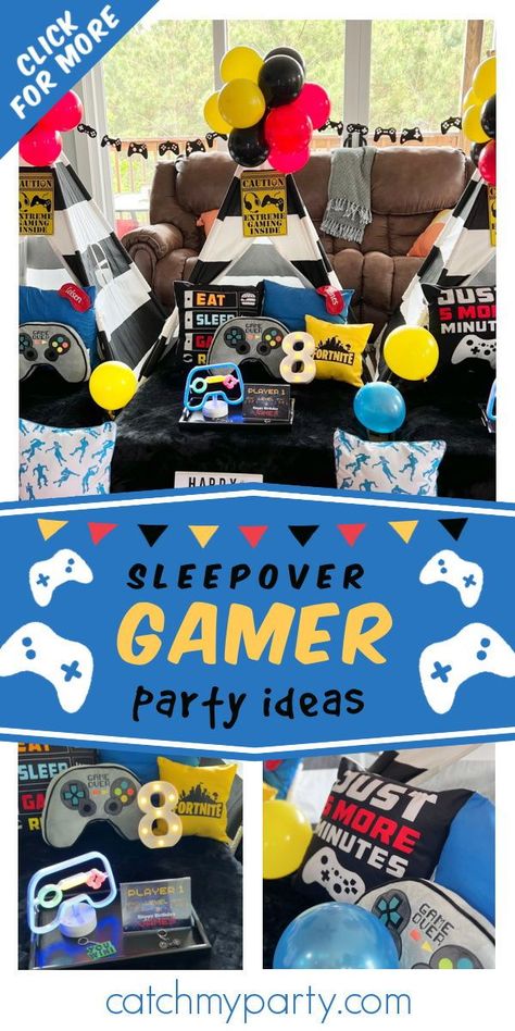 Video Game Sleepover Party, Gamer Sleepover Party, Teen Boy Sleepover Ideas, Boy Sleepover Party Ideas, Gamer Sleepover, Boy Sleepover Ideas, Gamer Birthday Party Ideas Boys, Sleepover Ideas For Boys, Boys Sleepover Party Ideas