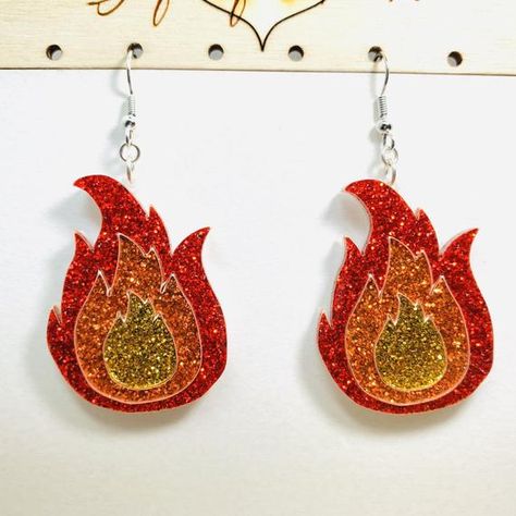 Silly Earrings, Fire Earrings, Glitter Jewelry, Bat Earrings, Orange And Gold, Food Earrings, Funky Earrings, Glitter Acrylics, Statement Earring