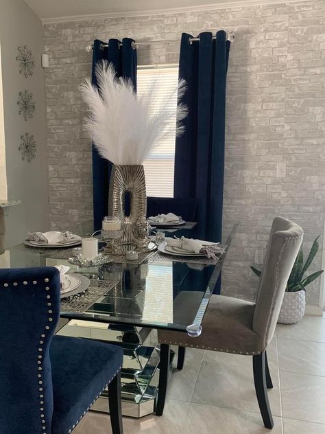 Silver And Navy Living Room, Royal Blue Dining Room Decor, Living Room Decor Royal Blue, Blue Silver And Black Home Decor, Blue And Silver Dining Room Decor, Silver And Blue Living Room Decor, Blue And Grey Dining Room Decor, Navy And Silver Living Room, Navy Blue And Silver Living Room Ideas