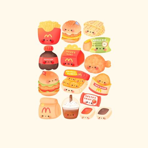 Food Characters Illustration, Cute Food Drawings Kawaii, Fast Food Drawing, Kawaii Food Illustration, Fast Food Illustration, Breakfast Clipart, Cute Bakery, Food Sticker, Cartoon Food