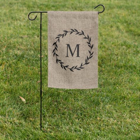 Welcome your family and friends with a little farmhouse style. Custom garden flag is rustic burlap with a country laurel wreath and is customized with your initial. Garden flag is part of a collection.

 If you need any assistance personalizing your shower curtain or if you are looking for coordinating items, please don't hesitate to reach out to me. icingonthecakezazzle@icloud.com https://www.facebook.com/theicingonthecakeshop Burlap Monogram, Family Monogram, Wreath Burlap, Flag Country, Farmhouse Garden, Laurel Wreath, Outdoor Signs, Rustic Gardens, Cloth Napkins