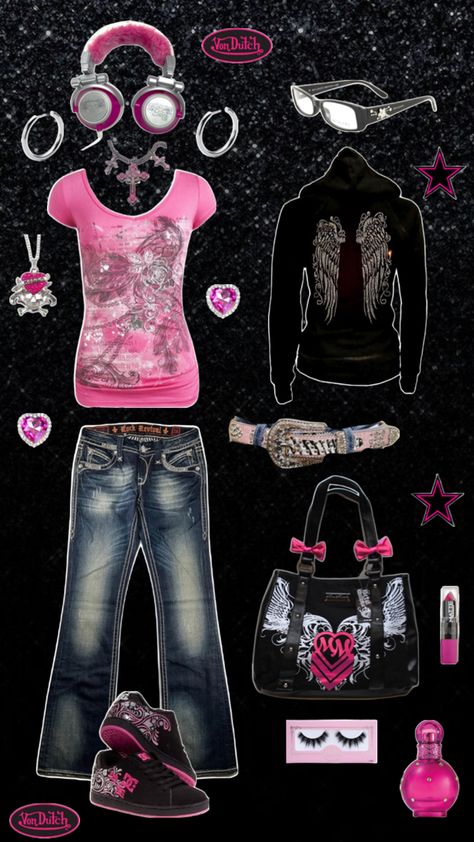 mcbling y2k 2000s outfit emo scene hot pink and black juicy couture guess Pink Emo Outfits, Outfit Emo, Emo Scene Outfits, Pink Emo, Y2k Scene, Emo 2000s, Trashy Outfits, 2000s Outfit, 2000s Pink