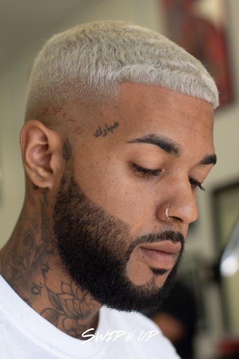 Platinum Blonde Hair Men Black, Platinum Blonde Hair Men, Mens Wavy Haircuts, Hairline Tattoos, Mens Haircuts Straight Hair, Blonde Beard, Hair Tattoo Designs, Bleached Hair Men, Trendy Mens Hairstyles