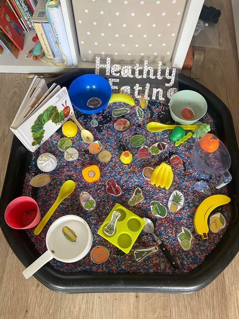 Healthy Eating Nursery Activities, Healthy Eating Sensory Activities, Healthy Eating Week Eyfs, Healthy Eating Tuff Tray Ideas, Fruit Tuff Tray Ideas, Healthy Me Eyfs Activities, Healthy Eating Activities For Babies, Health And Self Care Activities Eyfs, Healthy Eating Crafts For Toddlers