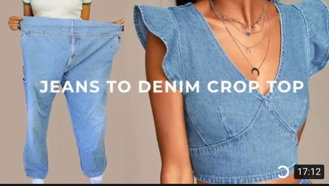 Thrift flip Upcycle Jeans Refashioning, Denim Top Diy, Thrift Store Diy Clothes, Revamp Clothes, Diy Old Jeans, Trash To Couture, Diy Jeans, Upcycle Shirt, Denim Crop Top