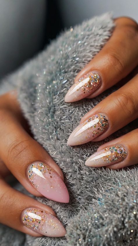 almond nails Almond Shaped Sparkly Nails, Short Nail New Years Designs, Nail Art Designs Oval Shape, Mauve Holiday Nails, Ney Years Eve Nails, Stellato Nails, Classy Glitter Nails Almond, Designed Nails Art, Sparkling Almond Nails