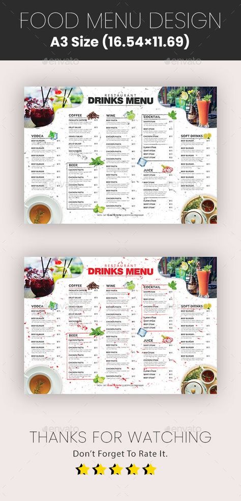 Juice Menu, Creative Restaurant, Restaurant Drinks, Food Menu Template, Restaurant Menu Template, Stock Design, Food Menu Design, Chicken Steak, Beer Design