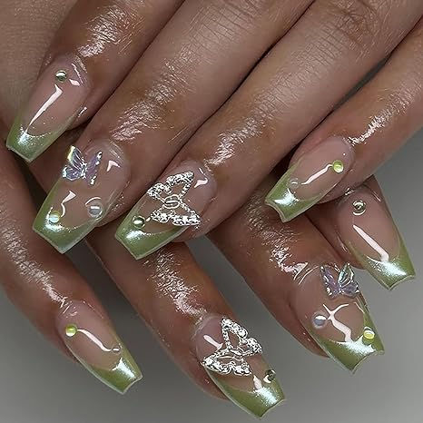 #affiliate #ad @amazon green press on nails, st pattys day nails, spring nails, easy nail art, butterfly nail art ideas, cute nails, trendy nail art Fake Acrylic Nails, Green Acrylic Nails, Ballet Nails, Green Nail Designs, Nail Art Set, French Tip Acrylic Nails, Coffin Press On Nails, Ballerina Nails, Butterfly Nail