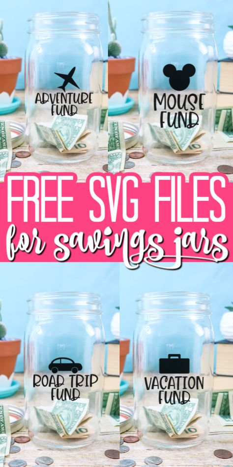 Make these vacation savings jars and have the whole family save up for your next adventure or road trip! #svg #freesvg #cricut #cricutcreated #cutfile #masonjar #vinyl #savingsjar #vacation Fund Jar Ideas, Vacation Fund Jar, Vacation Savings Jar, Papaw Gifts, Vacation Fund, Vacation Savings, Travel Fund, Savings Jar, Work Supplies