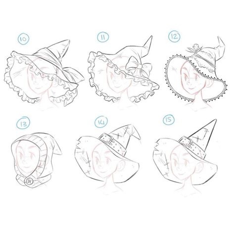 Hat Drawing Reference, Wizard Drawings, Drawing Hats, Hat Drawing, Witch Drawing, Drawing Expressions, Halloween Drawings, Arte Sketchbook, Anime Drawings Tutorials