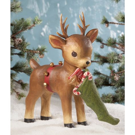 Paper Mache Reindeer, Reindeer Decoration, Green Stockings, Bethany Lowe Designs, Vintage Inspired Christmas, Bethany Lowe, Santa's Little Helper, Santa Helper, Papel Mache