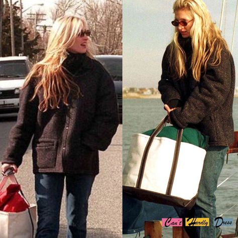 The coat Carolyn Bessette-Kennedy wore with her L.L. Bean Boat and Tote – Can't Hardly Dress Carolyn Bessette Summer, Caroline Bassett Keneddy, Ll Bean Boat And Tote, Boat And Tote Ll Bean, Patagonia Coat, Jeans Style Guide, Caroline Bassett And Jfk Jr, Ll Bean Tote, Vintage Patagonia