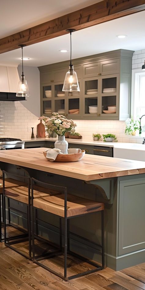 Create a Gathering Space with a Farmhouse Kitchen Island with Seating - Quiet Minimal Butcher Block With Seating, Kitchen Island Add On, Kitchen Island With Stools Underneath, Kitchen Ideas Small Island, Interesting Kitchen Islands, Diy Island Kitchen With Seating, Add Island To Small Kitchen, Gallery Kitchen With Island, Square Kitchen Layout With Island