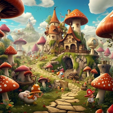 Mushroom Kingdom Art, Elf Village Concept Art, Mushroom World Art, Mushroom House Aesthetic, Mythical Village, Mushroom Town, Mushroom Castle, Fairy City, Fairy Tale Homes