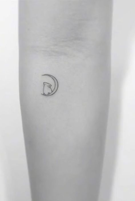 bunny tattoo moon minimalist fineline Bunny On Moon Tattoo, Moon And Bunny Tattoo, Rabbit On The Moon Tattoo, Minimalistic Bunny Tattoo, One Line Bunny Tattoo, Bunny Line Art Tattoo, Mini Bunny Tattoo, Bunny On The Moon Tattoo, Tiny Rabbit Tattoo