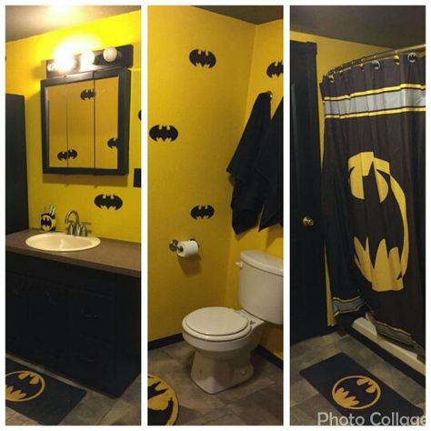 Batman bathroom Batman Bathroom Decor, Batman Room Ideas, Minion Bathroom, Batman Themed Bedroom, Batman Furniture, Batman Decorations, Batman Bathroom, Batman Bedroom, Batman Room