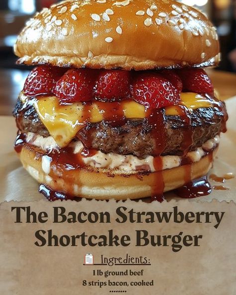 ✨ **The Bacon Strawberry Shortcake Burger** 🥓🍓🍰 – A Flavor Adventure You Never Expected! ✨ Imagine this: Juicy beef patties sizzling on the grill, their savory aroma mixing with the sweet, mouthwatering scent of fresh strawberries and rich shortcake. Sounds impossible? Think again! 😍 🌟 **This burger is NOT your average bite** – it’s a daring fusion of sweet and salty that will have your taste buds dancing! 🍔✨ Each bite starts with the boldness of crispy bacon, then transitions into the unex... Pineapple Bacon Burgers, Picky Bits, Delicious Burger Recipes, Beef Patties, Bacon Burger, Food Babe, Delicious Burgers, On The Grill, Fresh Strawberries