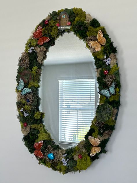 Hand Made Moss/Fairy Mirror No Maintenance Necessary 29 x 20 Inches  Features -Mini Mushrooms -Crystals -Butterflies Earthy Half Bathroom, Vine Mirror Decor, Greenery Home Decor Inspiration, Fairy Mirror Aesthetic, Fairy Garden Themed Bedroom, Fairy Core Mirror, Fairy Garden Room Decor, Fairy Aesthetic Decor, Fairy Bathroom Decor