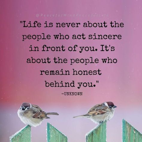Peaceful Mind Peaceful Life on Instagram: "Who we are speaks loudly so be who you are in every situation: to my face and behind my back. (Image text: Life is never about the people who act sincere in front of you. It's about the people who remain honest behind you.-unknown)" Be Your Own Therapist, Genuine People Quotes, Normal People Quotes, Therapist Quotes, Grace And Gratitude, Peaceful Mind Peaceful Life, Communication Quotes, Genuine People, Quotes Healing