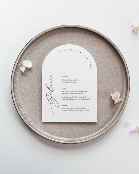 Elevate your wedding tablescape with this beautifully designed arch-shaped wedding menu template. This template provides a delicate blend of elegance and functionality, seamlessly integrating a space for each guest's name. This not only serves as a menu but also as a personalized place setting, eliminating the need for additional place cards. Place Card Calligraphy, Card Calligraphy, Printable Wedding Menu, Shape Names, Wedding Tablescape, Arch Wedding, Wedding Menu Template, Wedding Menu Cards, Clotted Cream