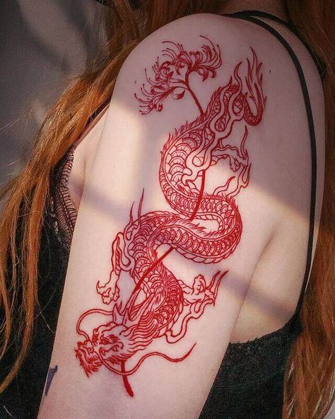 Red Dragon Tattoo Back, Red Dragon Tattoos, Tattoo In Between Breast, Tattoo Back Neck, Dragon Arm Tattoo, Lilly Tattoo Design, Dragon Tattoo Back, Red Flower Tattoos, Butterfly Tattoos Images