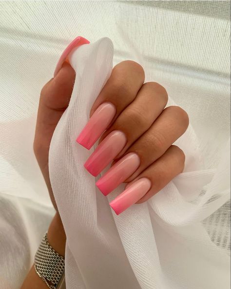 Long Nails Summer Design, Summer Nails Medium Length Square, Pink Ombré Nails With Design, Long Summer Nails Designs, Long Nails Ombre, Nails Summer Square, Long Nails For Summer, Pink Nails For Summer, Lilla Nails