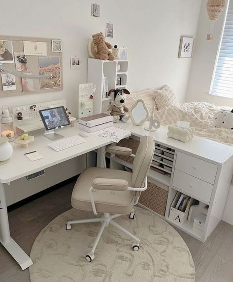 Compilation of Cute and Aesthetic desk makeover ideas. Get ideas to make your desk area the most aesthetic possible 😍✨ (Link in Image 🔗✨). * * * * Disclaimer: *** Images are not mine. Credit in descriptions if known. All the credit goes to the picture owner. Thanks ❤️❤️ *** Korean Room Aesthetic Desk, Desk Room Divider Ideas, Bed Rooms Ideas With Vanity, Minimalistic K Pop Room Ideas, Saranghoes Room, L Desk Setup Aesthetic, Korean Style Room Bedrooms, Desk By Bed, L Shaped Desk Aesthetic