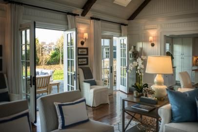 Open French Doors to Patio Cape Cod Home Interior, French Doors Living Room, Cape Cod Interior Design, Cape Cod Home, 1920s Interior Design, Hgtv Dream Homes, Craftsman Kitchen, Hgtv Dream Home, Coastal Interiors Design