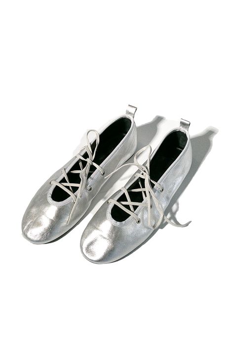 Leather ballerina lace-up. Silver laminated (metallic) leather. Colour silver. Made in Spain. Silver Leather Flat Heels, Formal Silver Leather Flats, Silver Leather Ballet Flats For Evening, Silver Closed Toe Leather Flats, Unisex Dress, Friday Im In Love, Silver Leather Slip-on Ballet Flats, Melissa Shoes, Day Designer