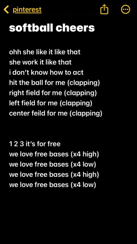 #softball #cheers Easy Softball Chants, Softball Instagram Captions, Softball Cheers For The Dugout, Softball Chants And Cheers, Fastpitch Softball Quotes, Softball Chants, Softball Cheer, Sports Quotes Softball, Softball Cheers