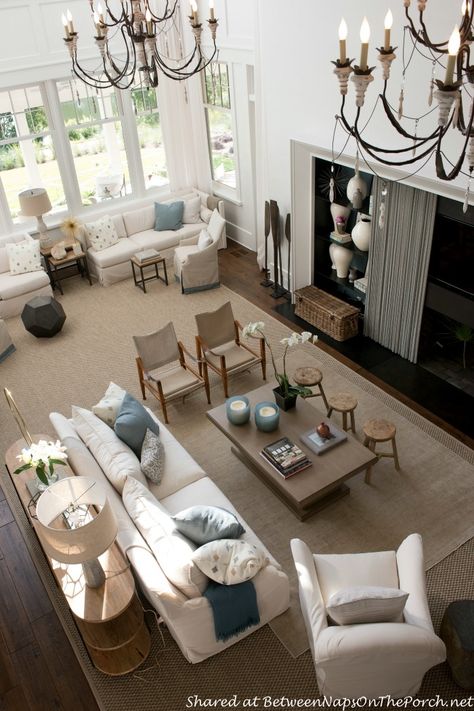 Tour the Beautiful 2014 Southern Living Idea House in Bluffton, South Carolina Hamptons Living Room, Large Living Room Layout, Large Living Room Decor, Furniture Placement Living Room, Furnitur Ruang Keluarga, Long Living Room, Narrow Living Room, Living Room Furniture Layout, Living Room Furniture Arrangement