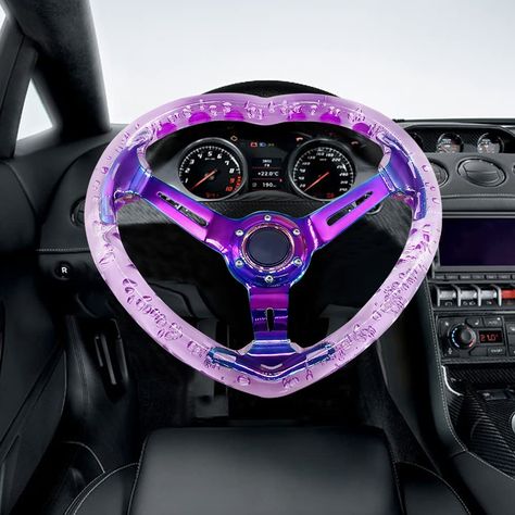 Purple Truck Aesthetic, Purple Car Accessories Girly, Car Mods Interior Purple, Cool Steering Wheels, Racing Car Design Ideas, Purple Car Decor, Car Steering Wheel Aesthetic, Purple Car Aesthetic, Heart Rims